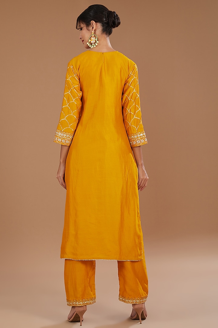 Mustard Yellow Pure Spun Silk Sequins Marori Embroidered Kurta Set by SURBHI SHAH at Pernia's Pop Up Shop