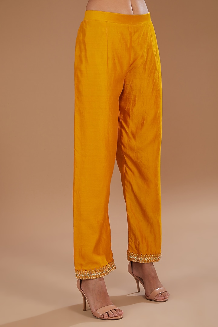 Mustard Yellow Pure Spun Silk Sequins Marori Embroidered Kurta Set by SURBHI SHAH at Pernia's Pop Up Shop
