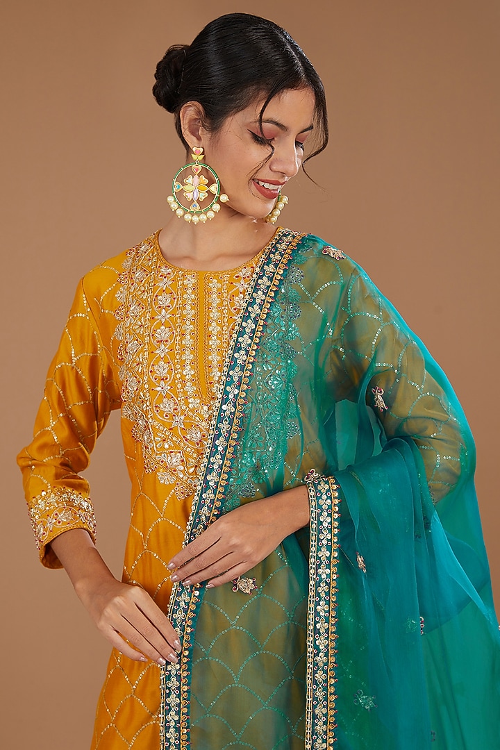 Mustard Yellow Pure Spun Silk Sequins Marori Embroidered Kurta Set by SURBHI SHAH at Pernia's Pop Up Shop