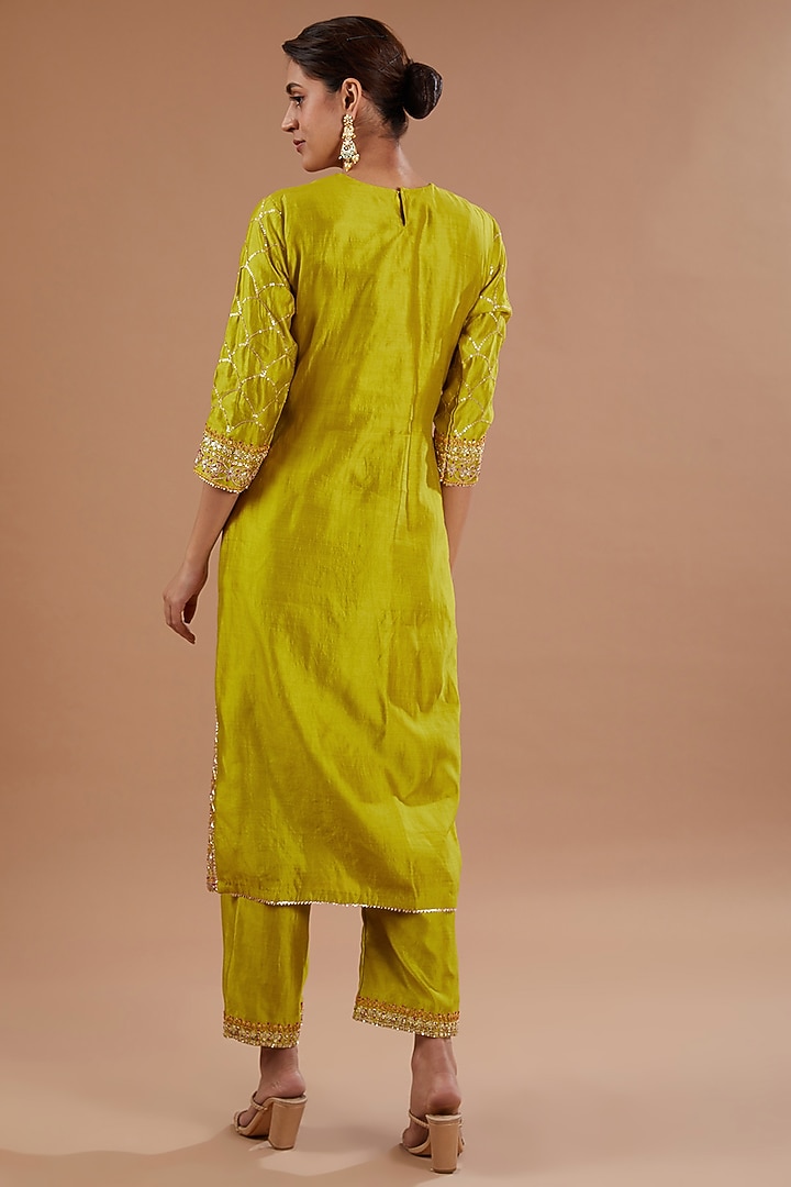 Lime Pure Spun Silk Sequins Embroidered Kurta Set by SURBHI SHAH at Pernia's Pop Up Shop