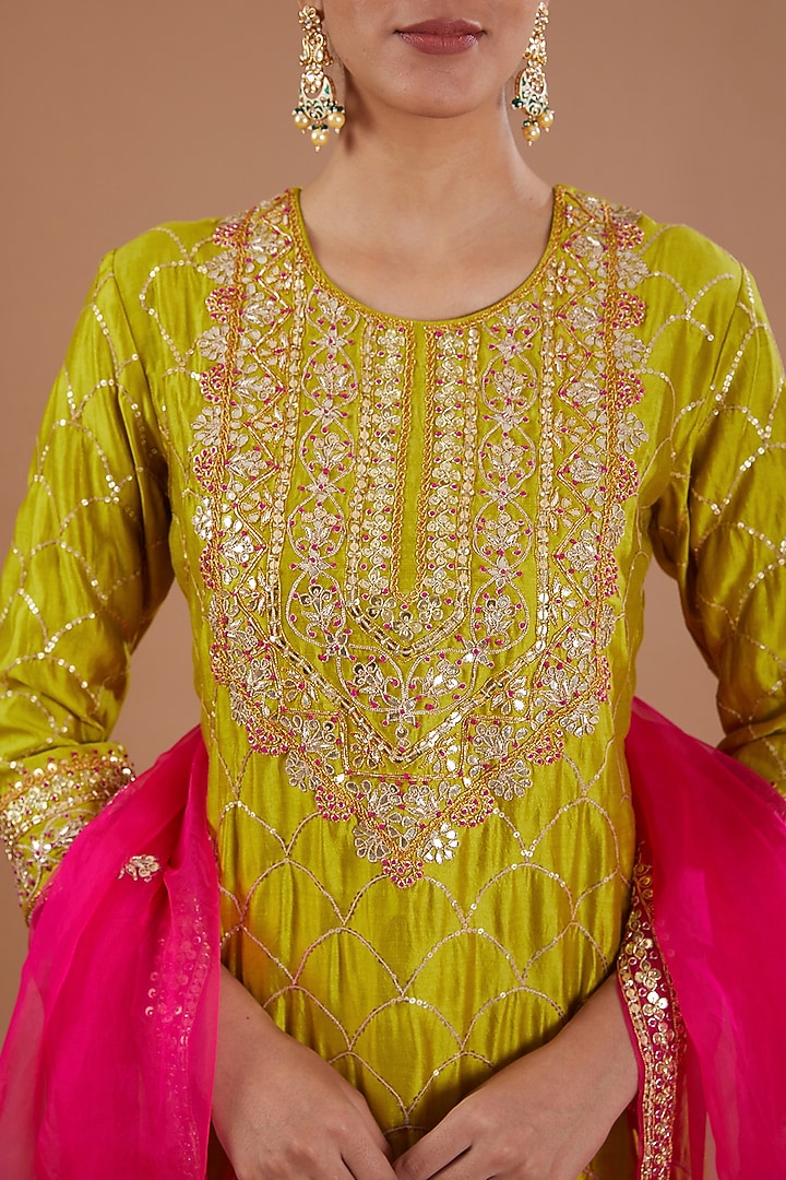 Lime Pure Spun Silk Sequins Embroidered Kurta Set by SURBHI SHAH at Pernia's Pop Up Shop