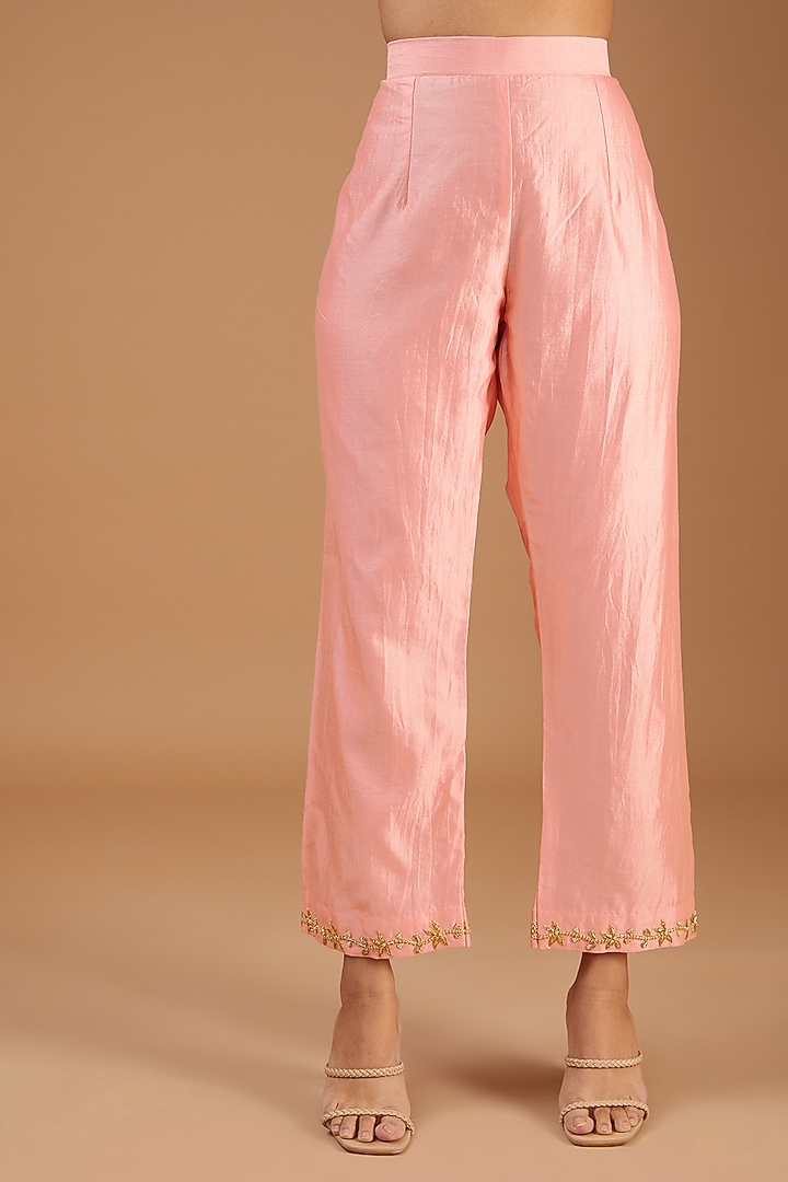 Peach Pure Spun Silk Zardosi Embroidered Kurta Set by SURBHI SHAH at Pernia's Pop Up Shop