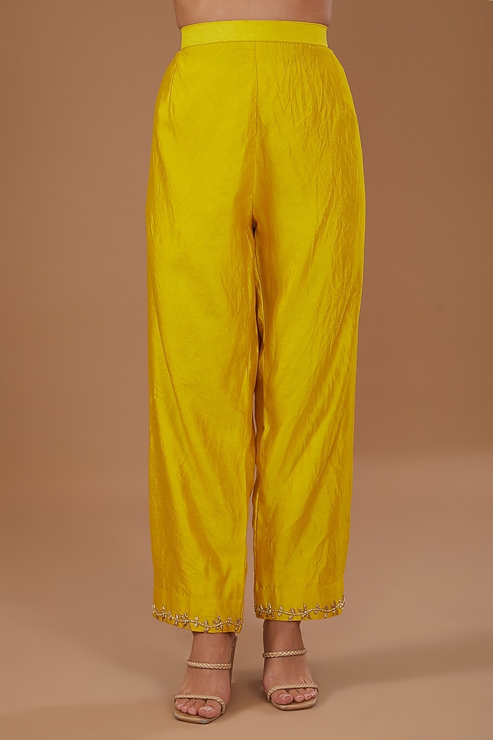 Yellow Pure Spun Silk Embroidered Kurta Set by SURBHI SHAH at Pernia's Pop Up Shop