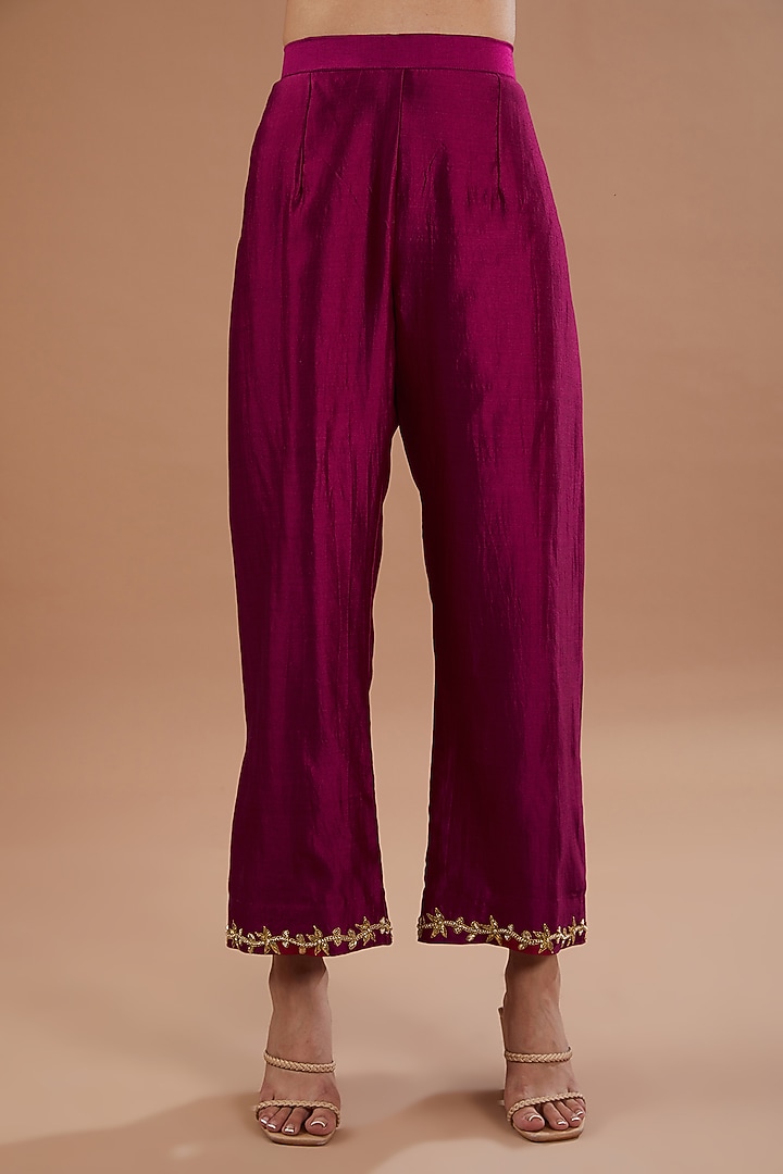 Magenta Pure Spun Silk Pearl Embroidered Kurta Set by SURBHI SHAH at Pernia's Pop Up Shop