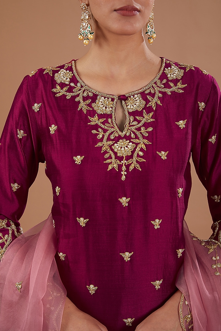 Magenta Pure Spun Silk Pearl Embroidered Kurta Set by SURBHI SHAH at Pernia's Pop Up Shop