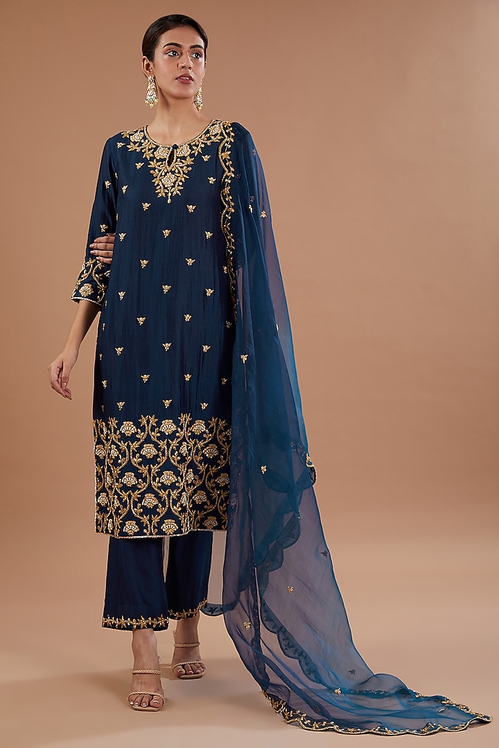Navy Blue Pure Spun Silk Zardosi Embroidered Kurta Set by SURBHI SHAH at Pernia's Pop Up Shop
