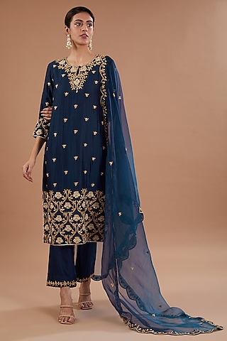 Navy Blue Pure Spun Silk Zardosi Embroidered Kurta Set by SURBHI SHAH