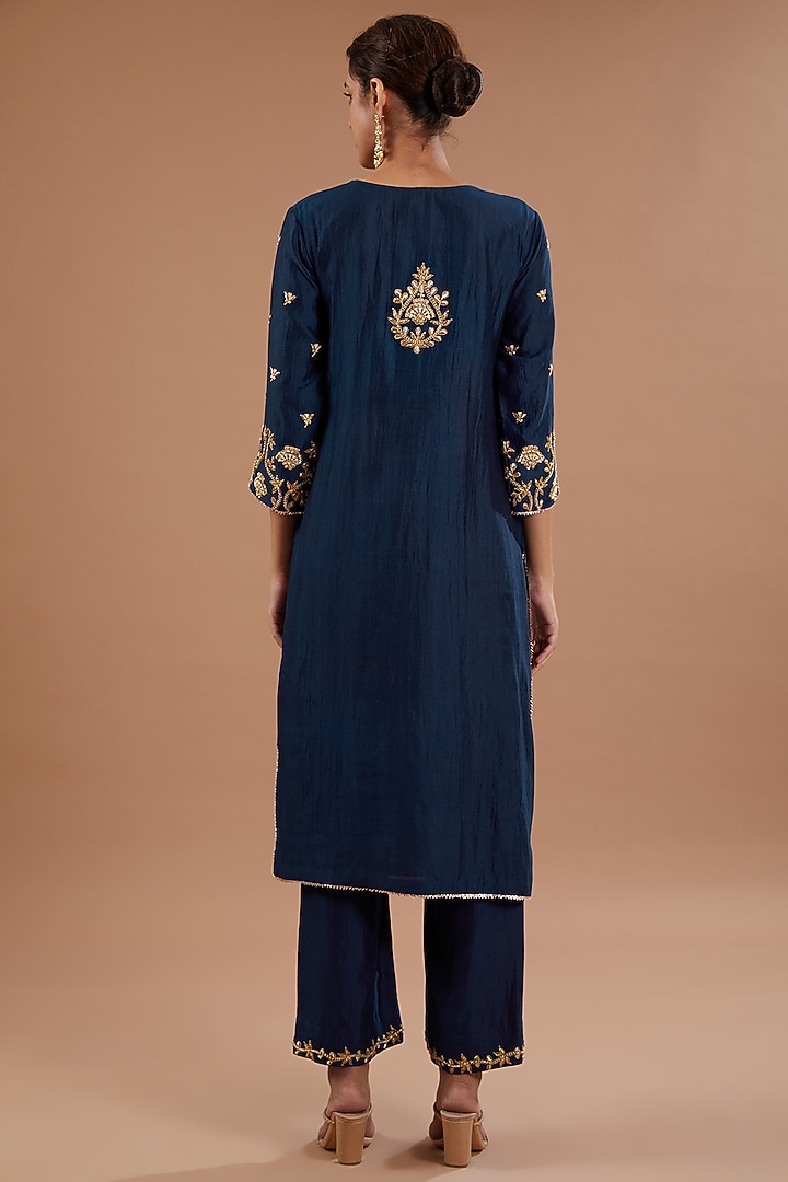 Navy Blue Pure Spun Silk Zardosi Embroidered Kurta Set by SURBHI SHAH at Pernia's Pop Up Shop