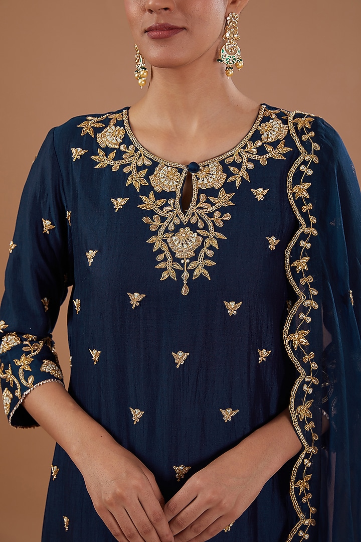 Navy Blue Pure Spun Silk Zardosi Embroidered Kurta Set by SURBHI SHAH at Pernia's Pop Up Shop