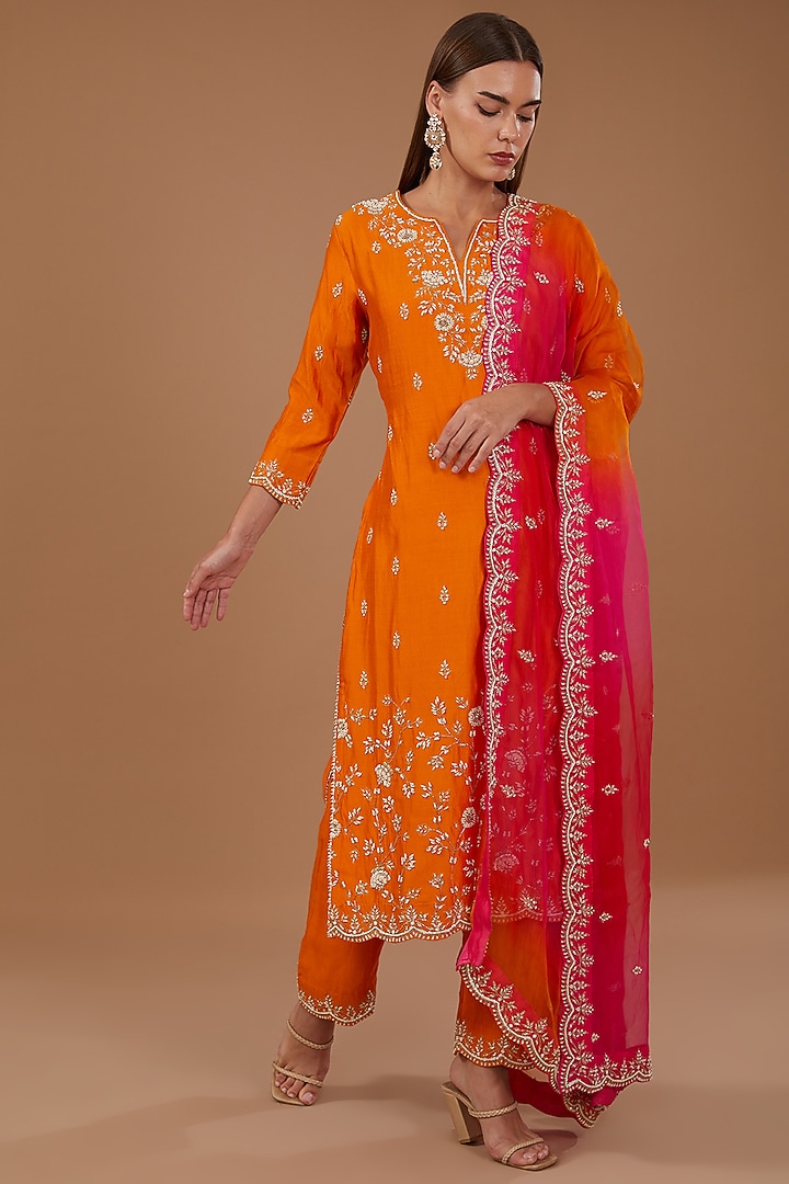 Orange Pure Spun Silk Embroidered Kurta Set by SURBHI SHAH at Pernia's Pop Up Shop