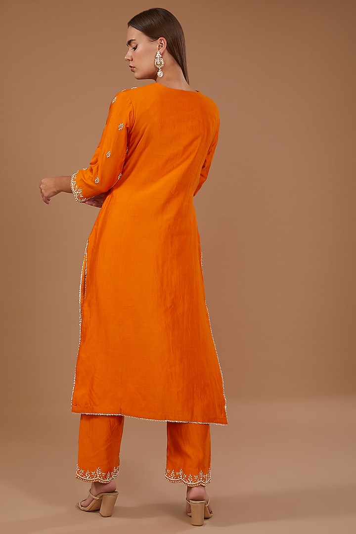 Orange Pure Spun Silk Embroidered Kurta Set by SURBHI SHAH at Pernia's Pop Up Shop
