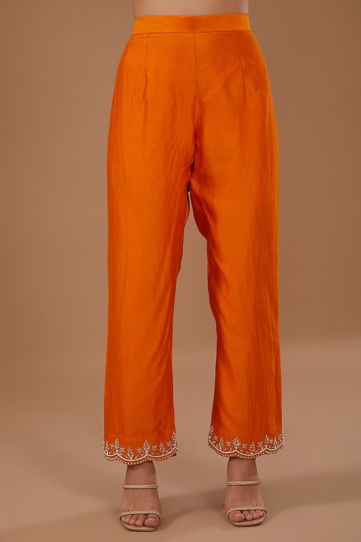 Orange Pure Spun Silk Embroidered Kurta Set by SURBHI SHAH at Pernia's Pop Up Shop