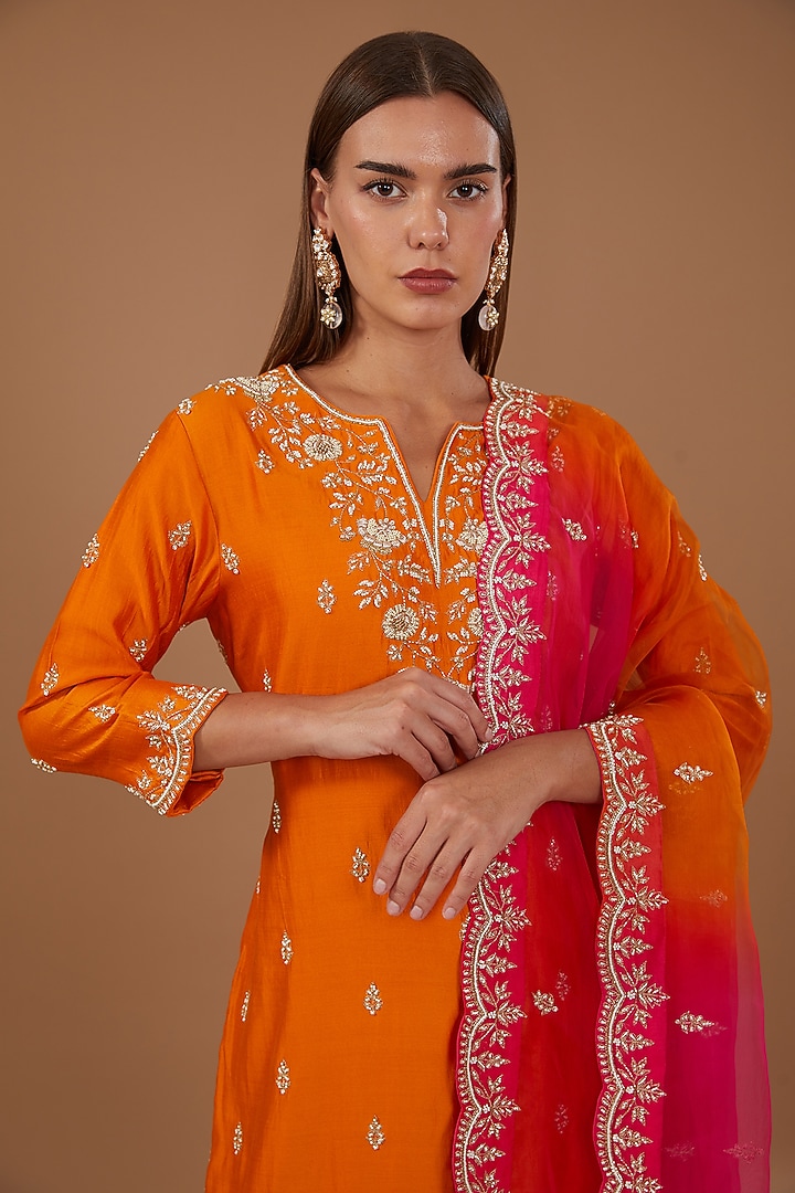 Orange Pure Spun Silk Embroidered Kurta Set by SURBHI SHAH at Pernia's Pop Up Shop