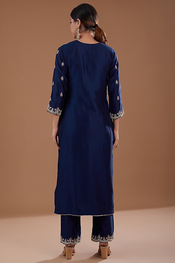 Navy Blue Pure Spun Silk Pearl Kurta Set by SURBHI SHAH at Pernia's Pop Up Shop