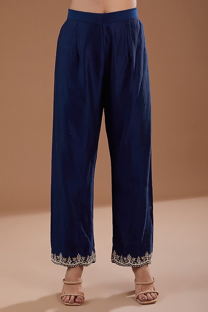Navy Blue Pure Spun Silk Pearl Kurta Set by SURBHI SHAH at Pernia's Pop Up Shop