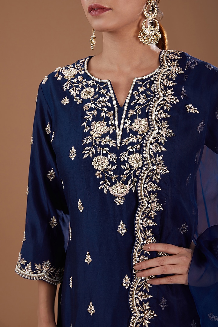Navy Blue Pure Spun Silk Pearl Kurta Set by SURBHI SHAH at Pernia's Pop Up Shop