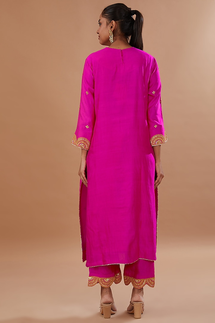 Hot Pink Pure Spun Silk Marori Embroidered Kurta Set by SURBHI SHAH at Pernia's Pop Up Shop