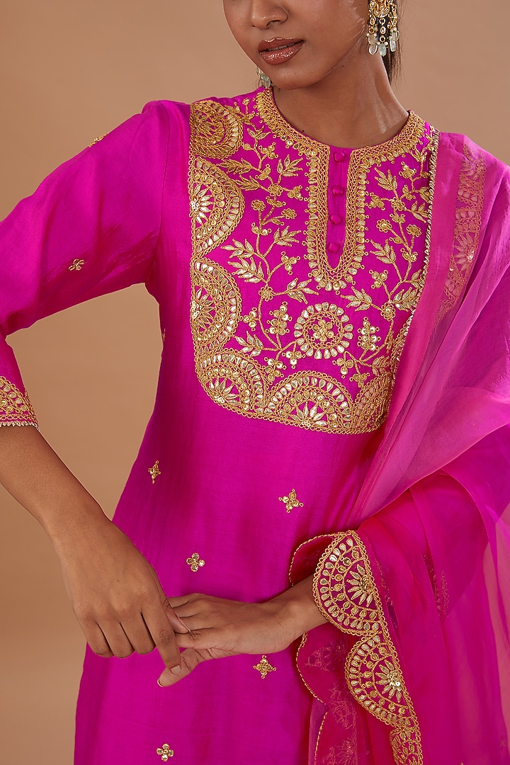 Hot Pink Pure Spun Silk Marori Embroidered Kurta Set by SURBHI SHAH at Pernia's Pop Up Shop