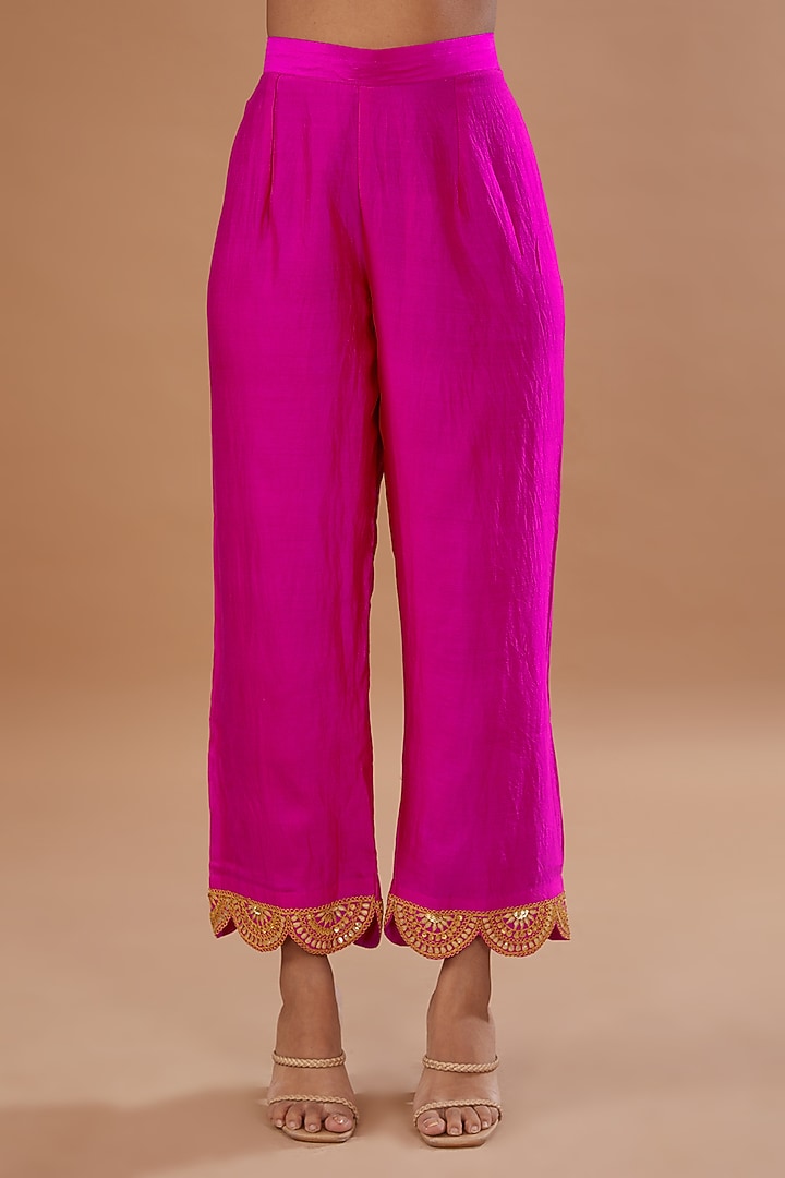 Hot Pink Pure Spun Silk Marori Embroidered Kurta Set by SURBHI SHAH at Pernia's Pop Up Shop