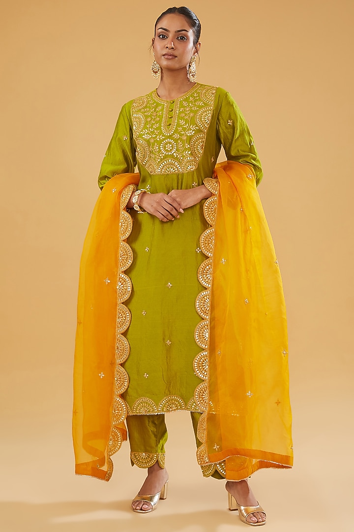 Parrot Green Pure Spun Silk Gota & Marori Embroidered Kurta Set by SURBHI SHAH at Pernia's Pop Up Shop