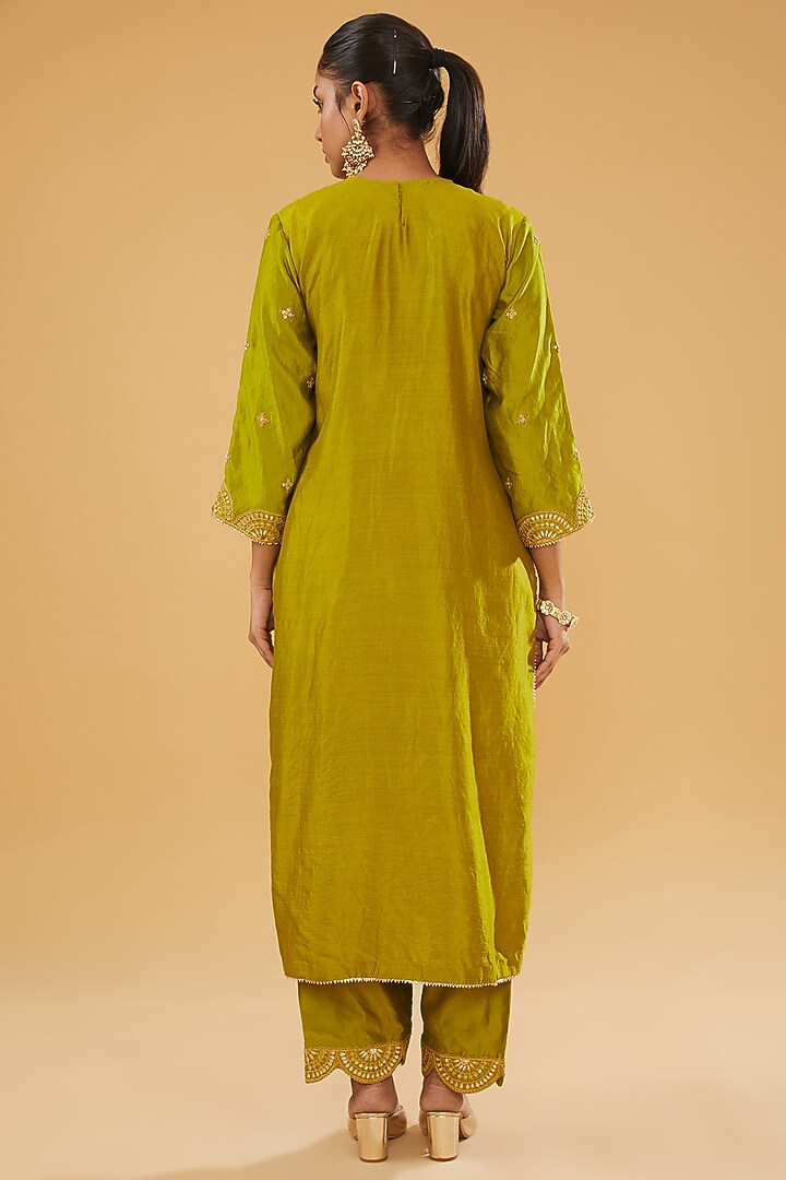 Parrot Green Pure Spun Silk Gota & Marori Embroidered Kurta Set by SURBHI SHAH at Pernia's Pop Up Shop