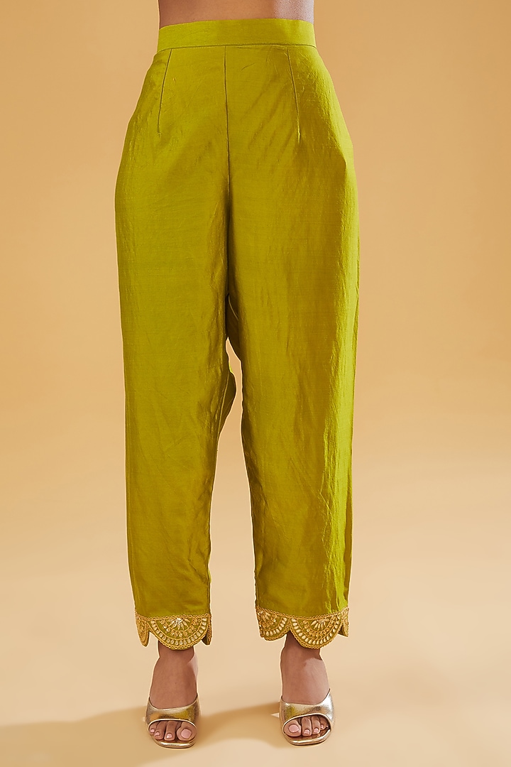 Parrot Green Pure Spun Silk Gota & Marori Embroidered Kurta Set by SURBHI SHAH at Pernia's Pop Up Shop