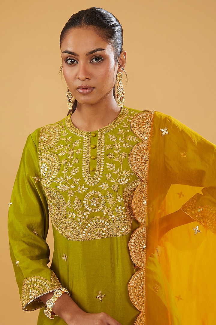 Parrot Green Pure Spun Silk Gota & Marori Embroidered Kurta Set by SURBHI SHAH at Pernia's Pop Up Shop