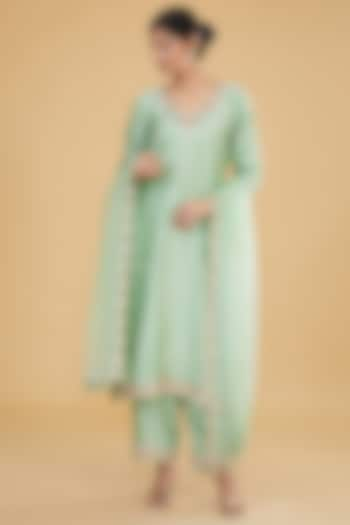 Mint Green Pure Spun Silk Resham Pearl Embroidered Kurta Set by SURBHI SHAH at Pernia's Pop Up Shop