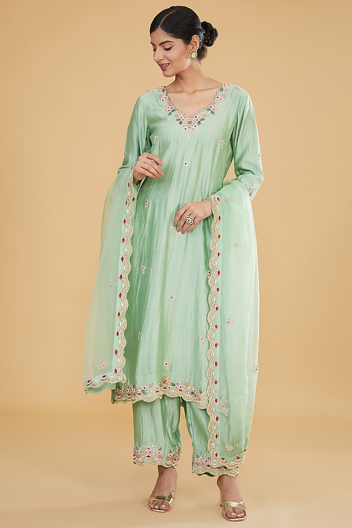 Mint Green Pure Spun Silk Resham Pearl Embroidered Kurta Set by SURBHI SHAH at Pernia's Pop Up Shop