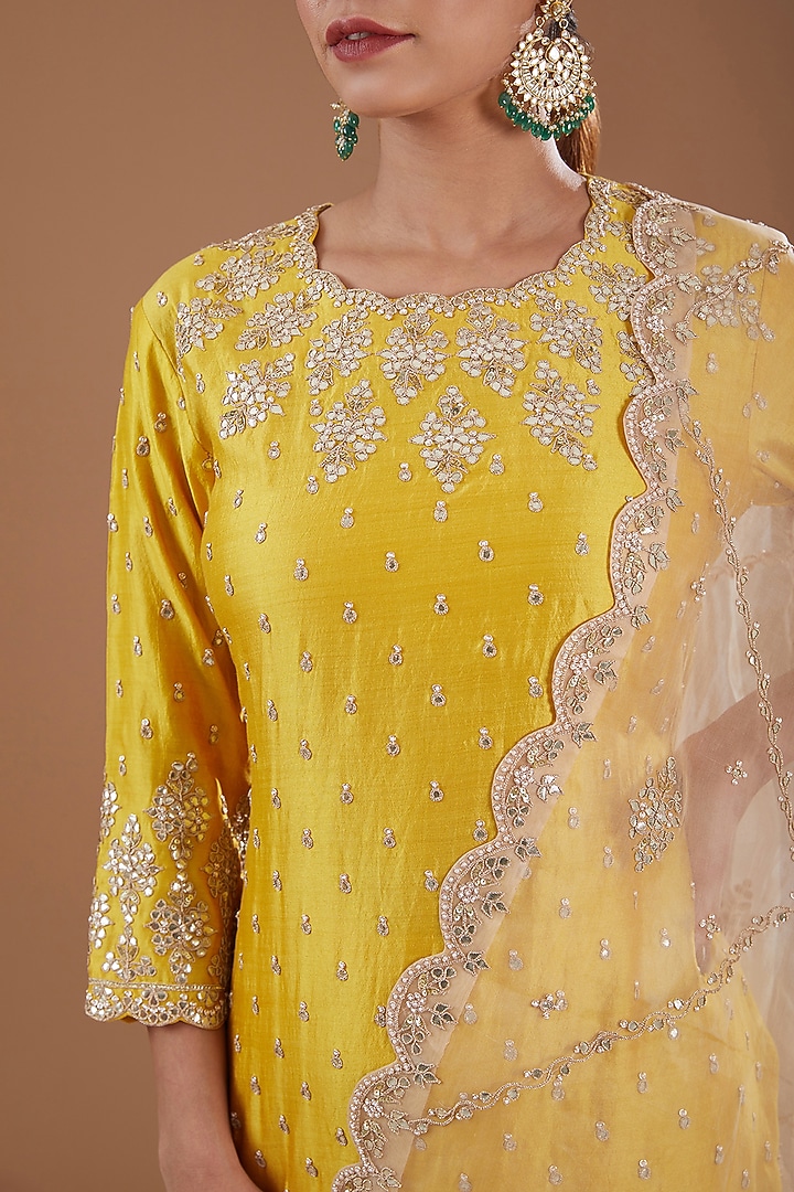 Yellow Pure Spun Silk Gota & Marori Kurta Set by SURBHI SHAH at Pernia's Pop Up Shop