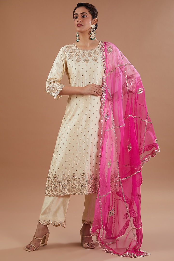 Ivory Pure Spun Silk Gota Embroidered Kurta Set by SURBHI SHAH at Pernia's Pop Up Shop