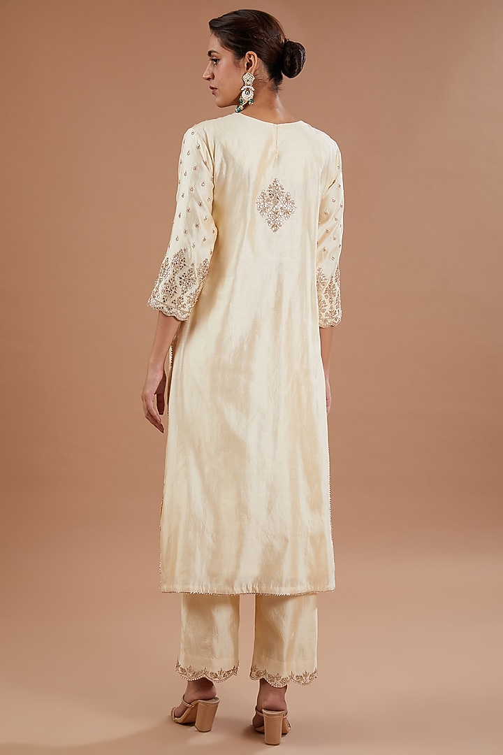 Ivory Pure Spun Silk Gota Embroidered Kurta Set by SURBHI SHAH at Pernia's Pop Up Shop