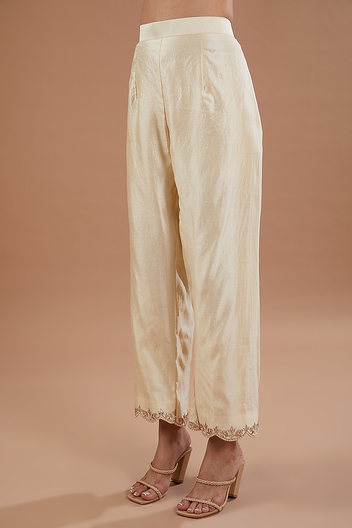 Ivory Pure Spun Silk Gota Embroidered Kurta Set by SURBHI SHAH at Pernia's Pop Up Shop