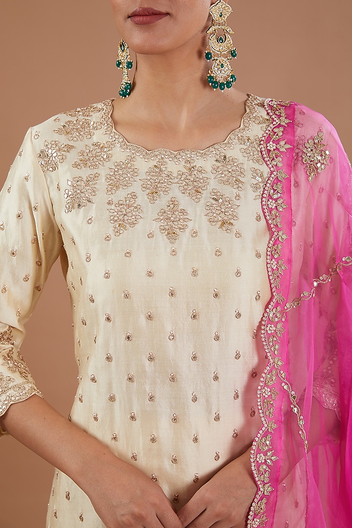 Ivory Pure Spun Silk Gota Embroidered Kurta Set by SURBHI SHAH at Pernia's Pop Up Shop