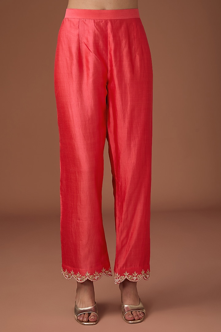 Coral Pure Spun Silk Marori Work Kurta Set by Surbhi Shah at Pernia's Pop Up Shop