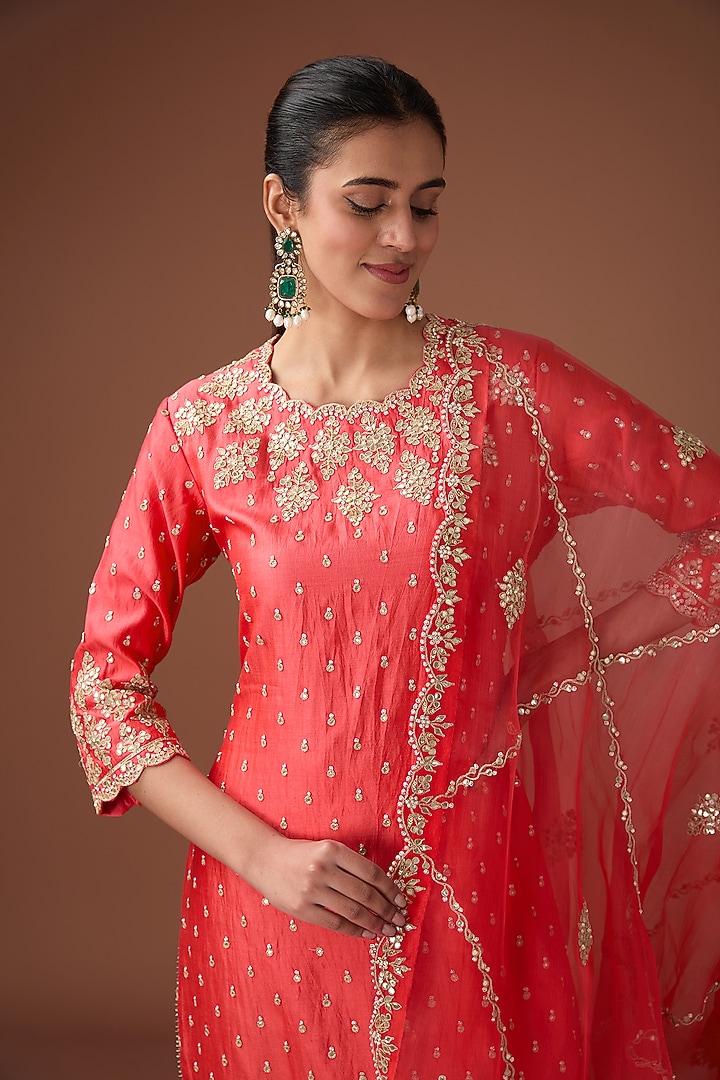 Coral Pure Spun Silk Marori Work Kurta Set by Surbhi Shah at Pernia's Pop Up Shop