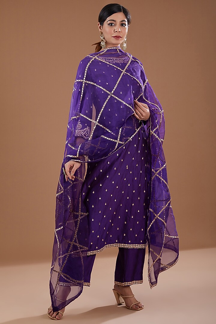 Purple Pure Spun Silk Gota & Aari Kurta Set by SURBHI SHAH at Pernia's Pop Up Shop