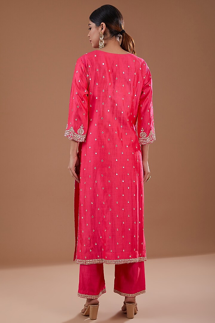 Red Pure Spun Silk Gota & Aari Kurta Set by SURBHI SHAH at Pernia's Pop Up Shop