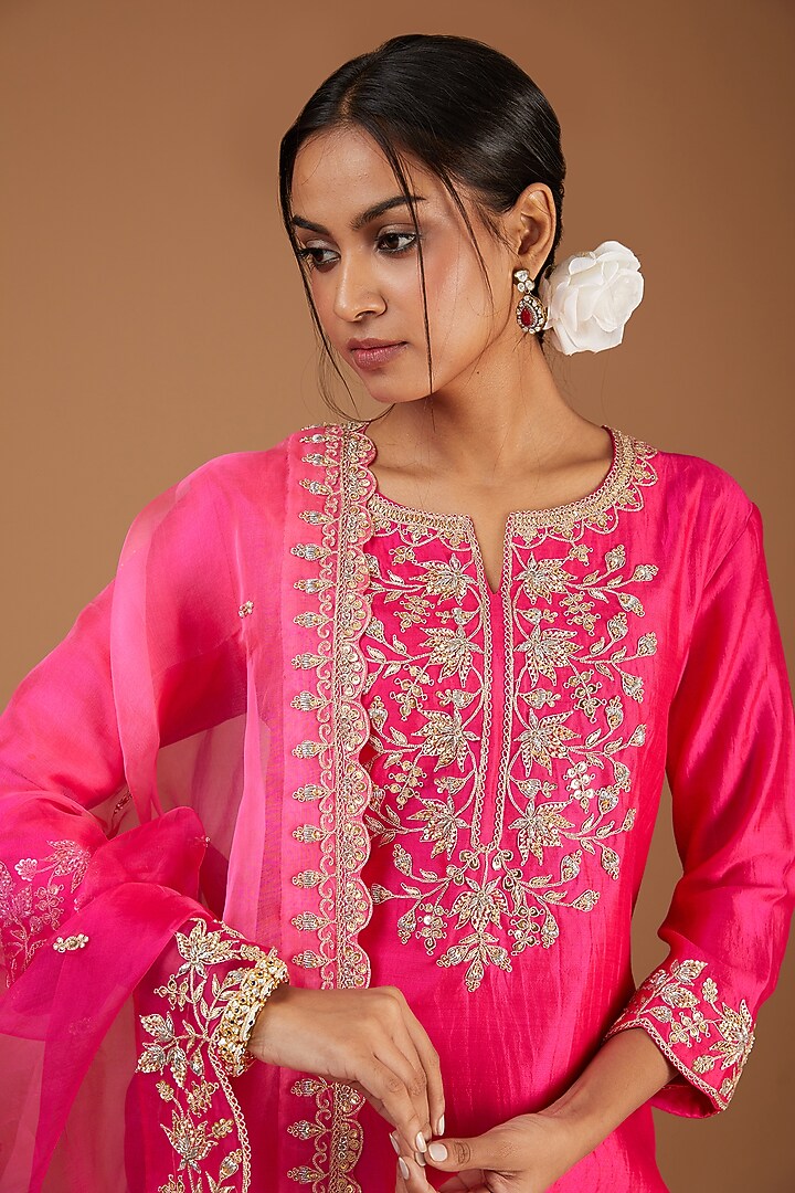 Hot Pink Pure Spun Silk Zardosi Embroidered Kurta Set by SURBHI SHAH at Pernia's Pop Up Shop