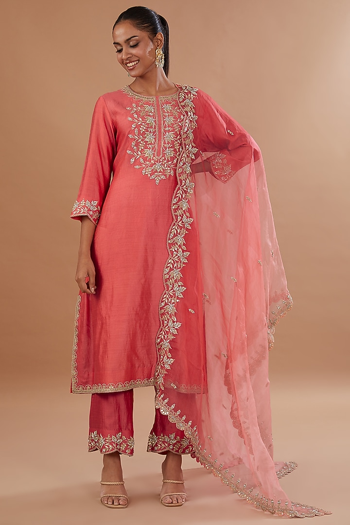 Coral Pure Spun Silk Zardosi Embroidered A-Line Kurta Set by SURBHI SHAH at Pernia's Pop Up Shop