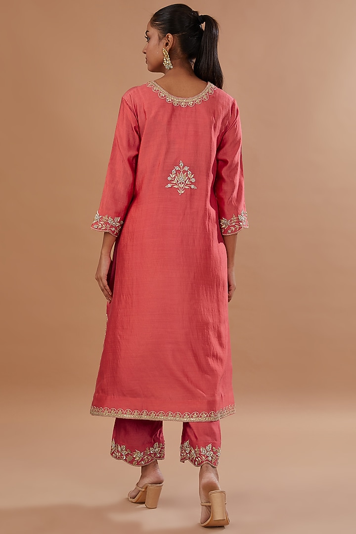 Coral Pure Spun Silk Zardosi Embroidered A-Line Kurta Set by SURBHI SHAH at Pernia's Pop Up Shop