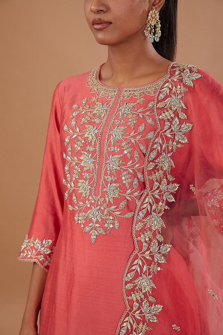 Coral Pure Spun Silk Zardosi Embroidered A-Line Kurta Set by SURBHI SHAH at Pernia's Pop Up Shop