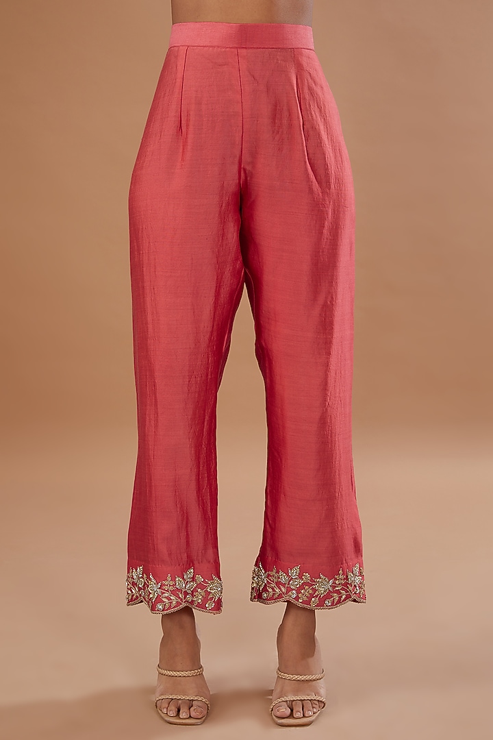 Coral Pure Spun Silk Zardosi Embroidered A-Line Kurta Set by SURBHI SHAH at Pernia's Pop Up Shop
