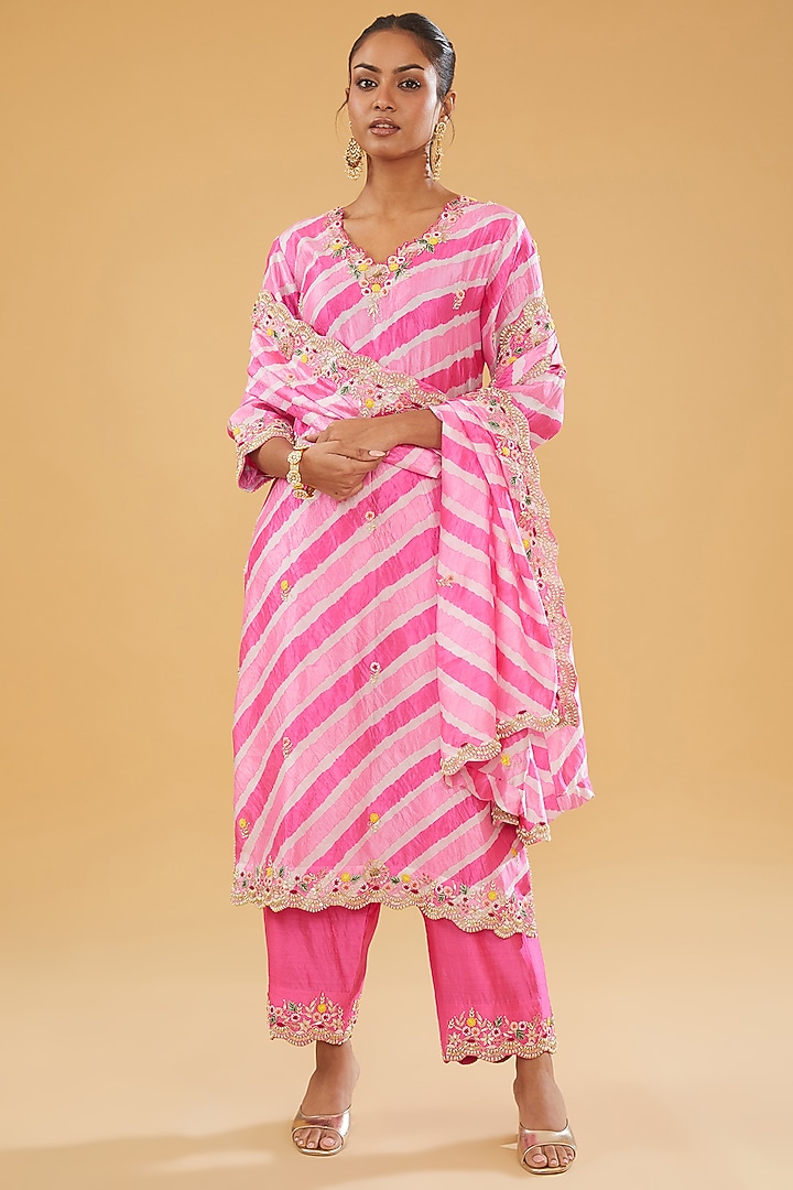 Pink Pure Kora Silk Resham Embroidered Leheriya Kurta Set by SURBHI SHAH at Pernia's Pop Up Shop