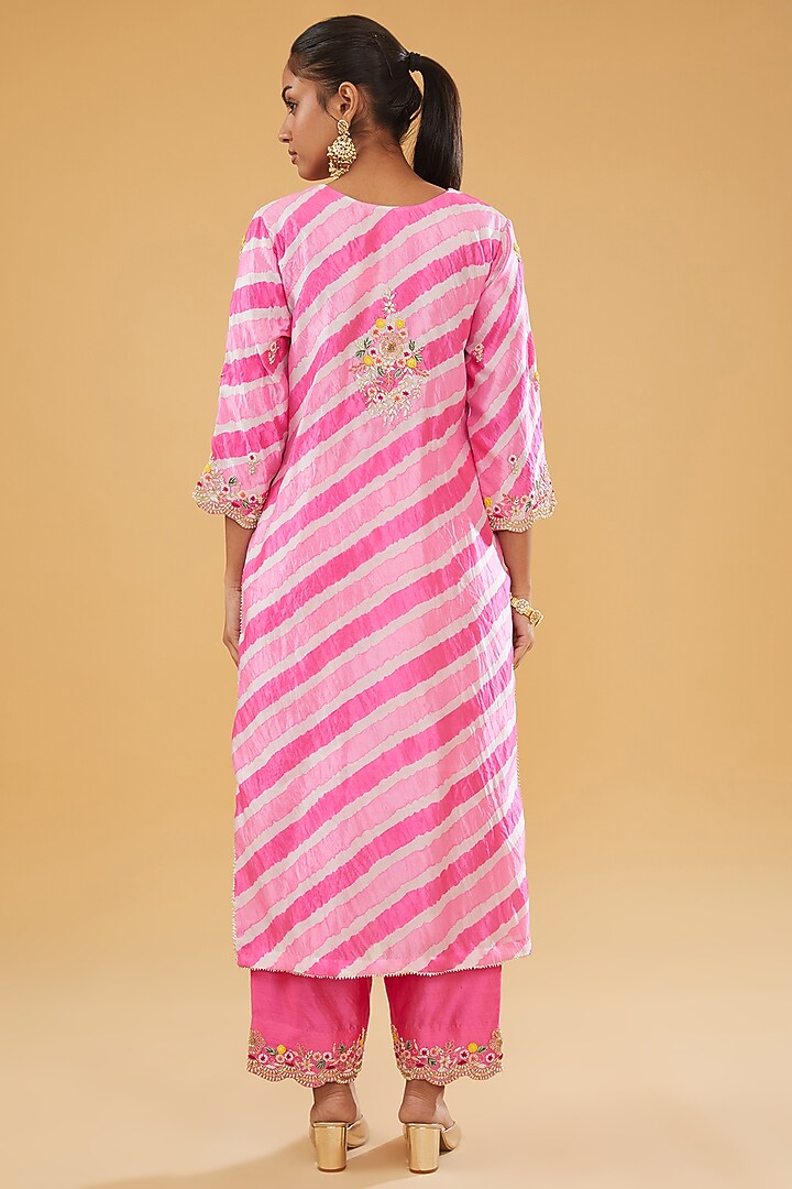 Pink Pure Kora Silk Resham Embroidered Leheriya Kurta Set by SURBHI SHAH at Pernia's Pop Up Shop