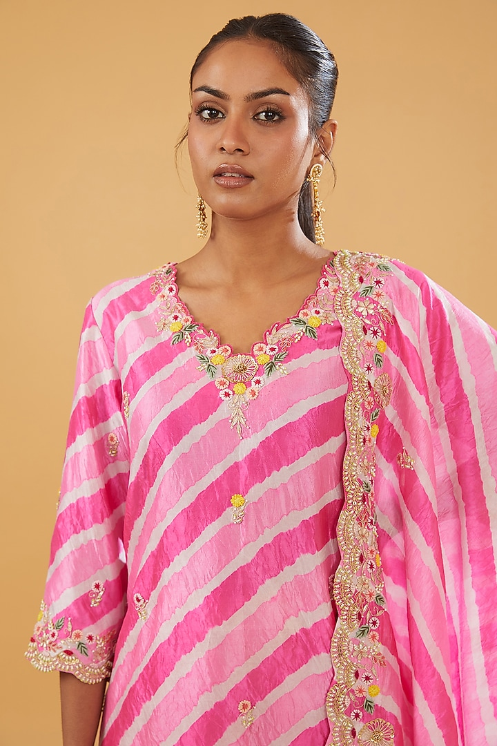 Pink Pure Kora Silk Resham Embroidered Leheriya Kurta Set by SURBHI SHAH at Pernia's Pop Up Shop
