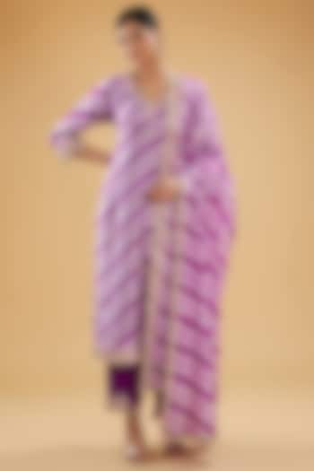 Purple Pure Kora Silk Resham Embroidered Leheriya Kurta Set by SURBHI SHAH at Pernia's Pop Up Shop