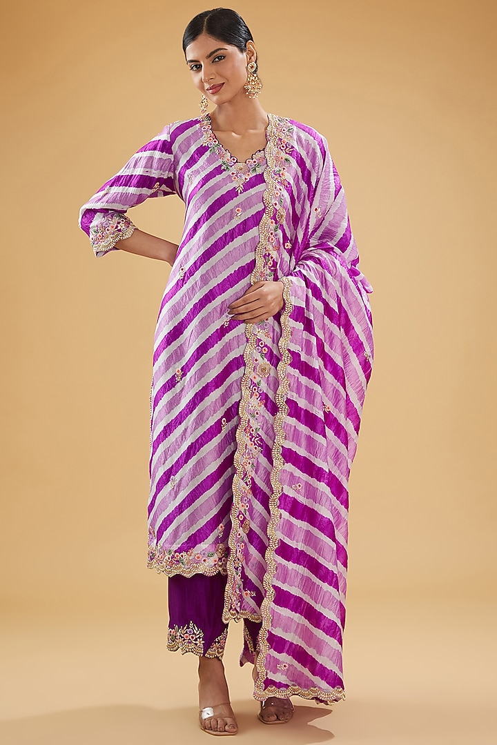 Purple Pure Kora Silk Resham Embroidered Leheriya Kurta Set by SURBHI SHAH at Pernia's Pop Up Shop