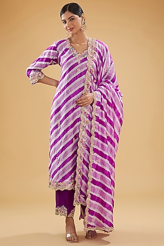 Purple Pure Kora Silk Resham Embroidered Leheriya Kurta Set by SURBHI SHAH