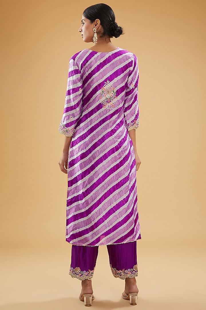 Purple Pure Kora Silk Resham Embroidered Leheriya Kurta Set by SURBHI SHAH at Pernia's Pop Up Shop